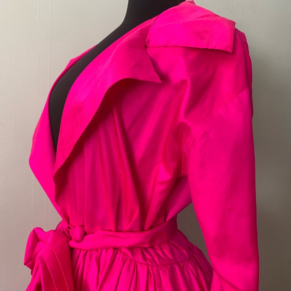 Vintage 1990s Hot Pink Silk Dress Catherine Regehr Dramatic Wrap Cocktail Dress - Picture 6 of 9